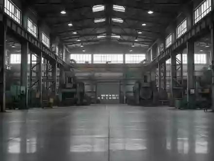 Leere, weitläufige Industriehalle mit hohen Stahlträgern und ungenutzten Maschinen in einer Fertigungsstätte. - Foto: über boerse-global.de