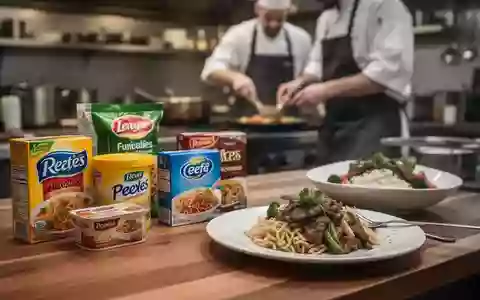 Nahaufnahme von Fertiggerichten und Restaurantessen auf einem Holztisch, die den hohen Salzgehalt in der Ernährung verdeutlicht. - Foto: über boerse-global.de