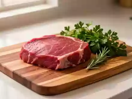 Ein frisches, mageres Stück rotes Fleisch liegt zusammen mit Kräutern auf einem hölzernen Schneidebrett in einer hellen Küche. - Foto: über boerse-global.de