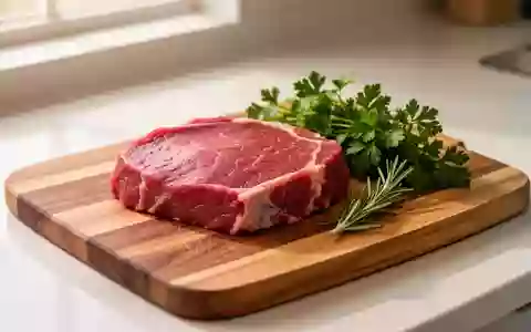 Ein frisches, mageres Stück rotes Fleisch liegt zusammen mit Kräutern auf einem hölzernen Schneidebrett in einer hellen Küche. - Foto: über boerse-global.de