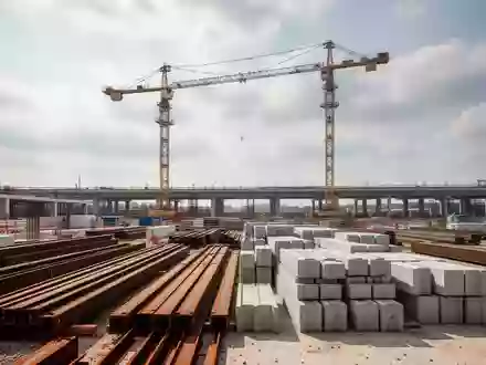 Eine Baustelle mit Baumaterialien und einem Kran vor einem bewölkten Himmel in Nordrhein-Westfalen. - Foto: über boerse-global.de