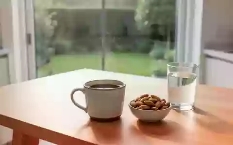 Eine Tasse schwarzer Kaffee und eine Schale mit Nüssen auf einem Holztisch in einem sonnendurchfluteten Raum. - Foto: über boerse-global.de