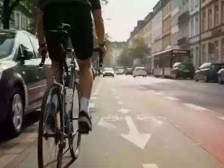 Ein Fahrradfahrer hält auf einer städtischen Straße in Bonn den Sicherheitsabstand zu parkenden Autos ein. - Foto: über boerse-global.de