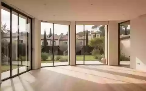 Heller, moderner Wohnraum mit großen Fenstern und Blick in einen sonnigen Garten. - Foto: über boerse-global.de