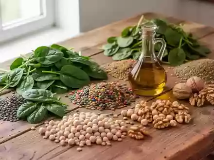 Eine Auswahl an frischen, unverarbeiteten Lebensmitteln wie Blattgemüse, Hülsenfrüchten, Walnüssen und Olivenöl auf einem Holztisch. - Foto: über boerse-global.de