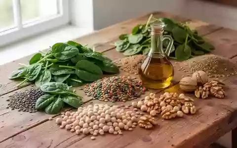 Eine Auswahl an frischen, unverarbeiteten Lebensmitteln wie Blattgemüse, Hülsenfrüchten, Walnüssen und Olivenöl auf einem Holztisch. - Foto: über boerse-global.de