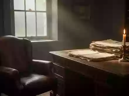 Ein ruhiges Arbeitszimmer mit einem leeren Ledersessel und alten Dokumenten auf einem Holztisch bei natürlichem Licht. - Foto: über boerse-global.de