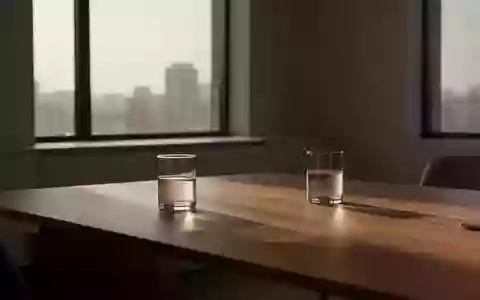 Ein minimalistischer Arbeitsbereich am späten Nachmittag mit einfallendem Tageslicht und einem leeren Glas auf einem Holztisch. - Foto: über boerse-global.de