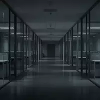 Ein leerer, modern gestalteter Büroflur mit Glaswänden und minimalistischen Arbeitsplätzen in einer kühlen, nächtlichen Atmosphäre. - Foto: über boerse-global.de