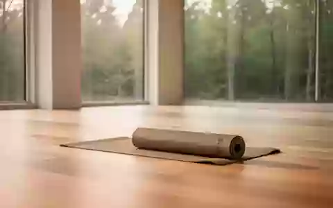 Ein heller, minimalistischer Yoga-Raum mit Holzboden und Blick in einen ruhigen Wald, in dem eine zusammengerollte Yoga-Matte liegt. - Foto: über boerse-global.de