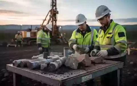 Geologen untersuchen Gesteinsproben an einem abgelegenen Explorationsstandort für Bergbau bei Sonnenaufgang. - Foto: über boerse-global.de