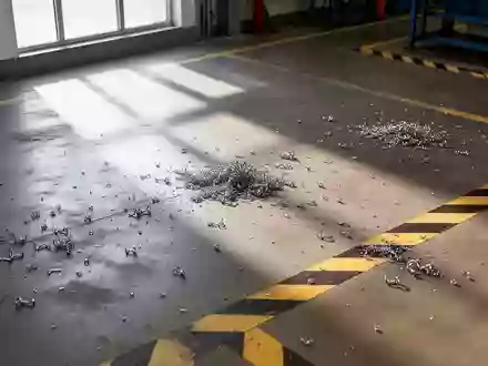 Ein leerer, sauberer Industrieboden mit Sicherheitsmarkierungen und Metallspänen in einer Werkshalle bei Tageslicht. - Foto: über boerse-global.de