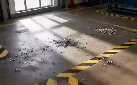 Ein leerer, sauberer Industrieboden mit Sicherheitsmarkierungen und Metallspänen in einer Werkshalle bei Tageslicht. - Foto: über boerse-global.de