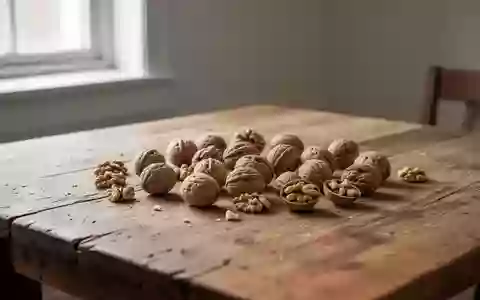 Eine Handvoll Walnüsse in ihren Schalen auf einem schlichten Holztisch bei natürlichem Tageslicht. - Foto: über boerse-global.de