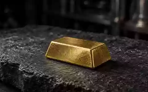 Ein einzelner Goldbarren auf einer dunklen Schieferplatte in einem schwach beleuchteten Tresor. - Foto: über boerse-global.de
