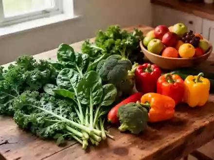 Frische, bunte Gemüsesorten und Obst auf einem Holztisch als Symbol für eine ausgewogene, nährstoffreiche Ernährung. - Foto: über boerse-global.de