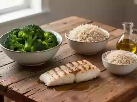 Frische, gesunde Lebensmittel wie gedünstetes Gemüse, Fisch und Vollkornprodukte auf einem Holztisch. - Foto: über boerse-global.de