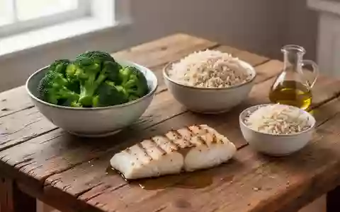 Frische, gesunde Lebensmittel wie gedünstetes Gemüse, Fisch und Vollkornprodukte auf einem Holztisch. - Foto: über boerse-global.de