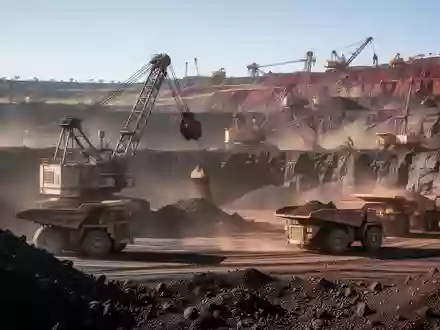 GroĂźer Tagebau einer Eisenerzmine mit schweren Baumaschinen und Lastwagen in einer staubigen Industrielandschaft. - Foto: ĂĽber boerse-global.de