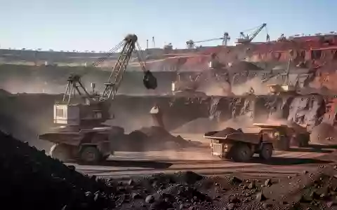Großer Tagebau einer Eisenerzmine mit schweren Baumaschinen und Lastwagen in einer staubigen Industrielandschaft. - Foto: über boerse-global.de