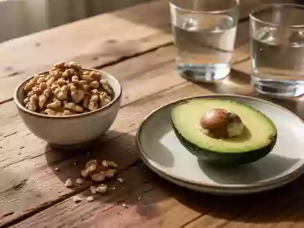 Eine Nahaufnahme von gesunden Lebensmitteln wie Walnüssen und Avocado auf einem Holztisch bei natürlichem Tageslicht. - Foto: über boerse-global.de