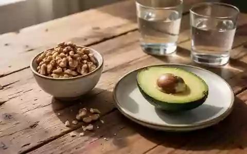 Eine Nahaufnahme von gesunden Lebensmitteln wie Walnüssen und Avocado auf einem Holztisch bei natürlichem Tageslicht. - Foto: über boerse-global.de