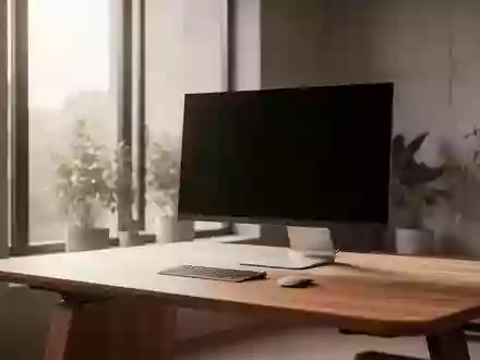 Ein minimalistischer und aufgeräumter Arbeitsplatz mit einem modernen Monitor, dessen Bildschirm dunkel und inaktiv ist. - Foto: über boerse-global.de