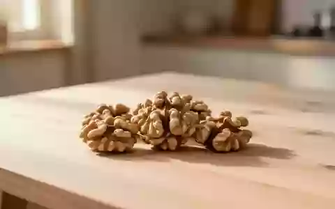 Mehrere Walnusskerne liegen auf einem hellen Holztisch in einer minimalistischen Küche. - Foto: über boerse-global.de