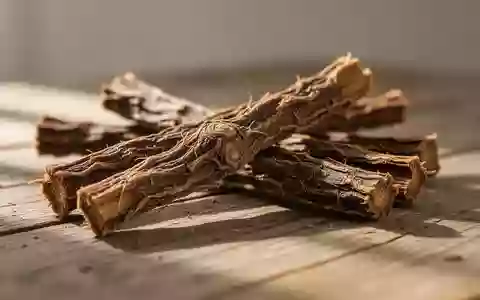 Nahaufnahme von getrockneten Süßholzwurzeln auf einem hölzernen Untergrund mit natürlichem Lichteinfall. - Foto: über boerse-global.de