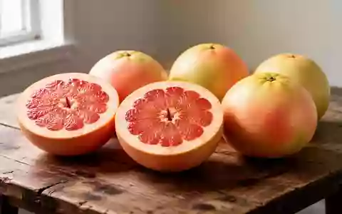 Nahaufnahme von aufgeschnittenen Grapefruits und Pomelos auf einem Holztisch bei natürlichem Licht. - Foto: über boerse-global.de