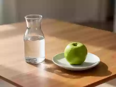 Ein gläsernes Gefäß mit Wasser und ein grüner Apfel auf einem hellen Holztisch bei natürlichem Tageslicht. - Foto: über boerse-global.de