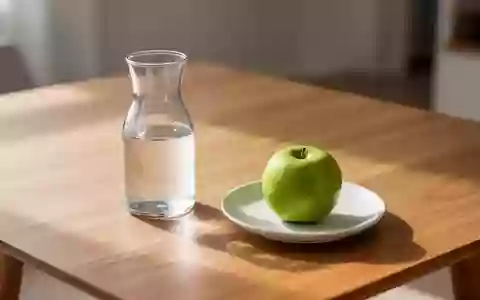 Ein gläsernes Gefäß mit Wasser und ein grüner Apfel auf einem hellen Holztisch bei natürlichem Tageslicht. - Foto: über boerse-global.de