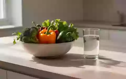 Frisches Gemüse und ein Glas Wasser auf einer hellen Küchenoberfläche bei natürlichem Tageslicht. - Foto: über boerse-global.de