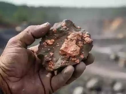 Geologe hält ein Stück kupferhaltiges Gestein in den Händen vor einer unscharfen Bergbau-Kulisse. - Foto: über boerse-global.de