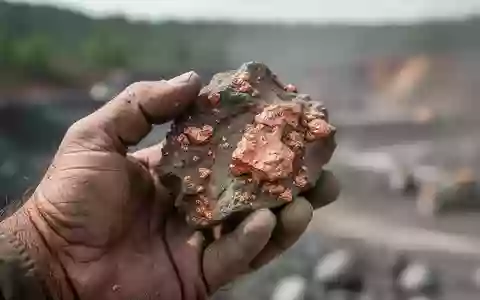 Geologe hält ein Stück kupferhaltiges Gestein in den Händen vor einer unscharfen Bergbau-Kulisse. - Foto: über boerse-global.de