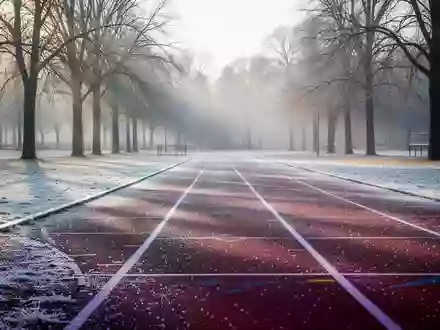 Eine mit Frost bedeckte Laufbahn in einem Park an einem kalten Wintermorgen. - Foto: über boerse-global.de