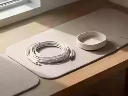 Ein minimalistischer Arbeitsplatz mit einem aufgerollten Audiokabel auf einer Holzoberfläche in hellem, natürlichem Tageslicht. - Foto: über boerse-global.de