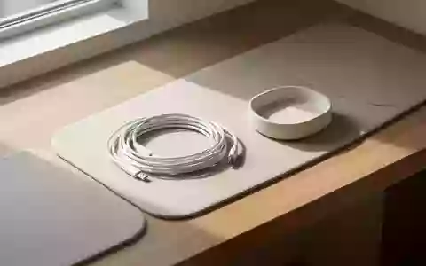 Ein minimalistischer Arbeitsplatz mit einem aufgerollten Audiokabel auf einer Holzoberfläche in hellem, natürlichem Tageslicht. - Foto: über boerse-global.de