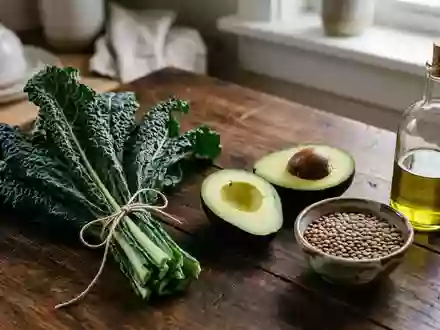Frische Zutaten wie Grünkohl, Avocado, Linsen und Olivenöl auf einem Holztisch. - Foto: über boerse-global.de