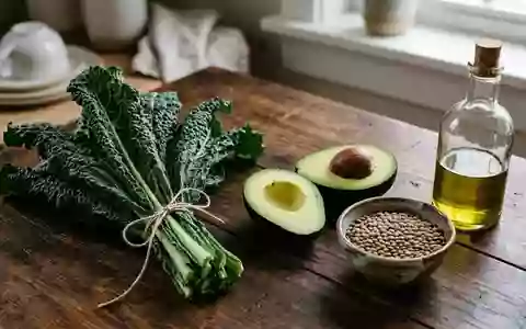 Frische Zutaten wie Grünkohl, Avocado, Linsen und Olivenöl auf einem Holztisch. - Foto: über boerse-global.de