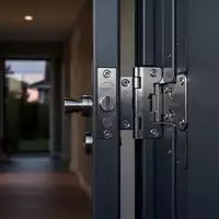 Nahaufnahme eines massiven, modernen Türschlosses und verstärkter Türscharniere in einem ruhigen Wohnungsflur bei Dämmerung. - Foto: über boerse-global.de