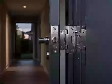 Nahaufnahme eines massiven, modernen Türschlosses und verstärkter Türscharniere in einem ruhigen Wohnungsflur bei Dämmerung. - Foto: über boerse-global.de