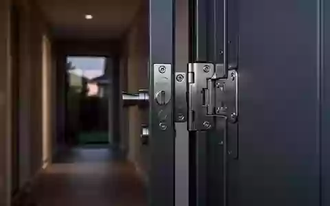 Nahaufnahme eines massiven, modernen Türschlosses und verstärkter Türscharniere in einem ruhigen Wohnungsflur bei Dämmerung. - Foto: über boerse-global.de