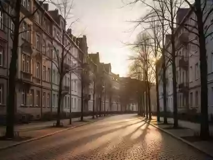 Eine leere Wohnstraße in einem deutschen Stadtviertel mit historischer Architektur und langen Schatten im Abendlicht. - Foto: über boerse-global.de