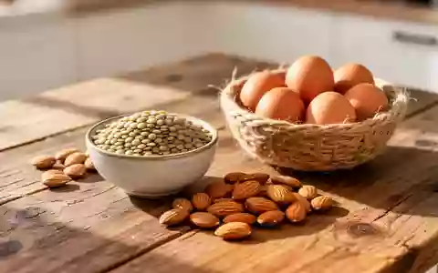 Eine Auswahl an proteinreichen Lebensmitteln wie Hülsenfrüchte, Nüsse und Eier auf einem Holztisch. - Foto: über boerse-global.de