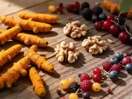 Frische Kurkumawurzeln, Walnüsse und Beeren auf einer rustikalen Holzoberfläche in natürlichem Licht. - Foto: über boerse-global.de
