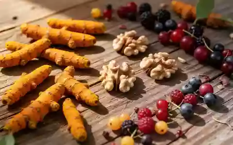 Frische Kurkumawurzeln, Walnüsse und Beeren auf einer rustikalen Holzoberfläche in natürlichem Licht. - Foto: über boerse-global.de