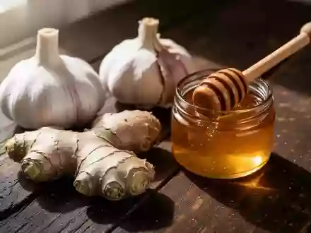 Frischer Knoblauch, ein Stück Ingwerwurzel und ein Honigglas auf einem dunklen Holztisch in natürlichem Licht. - Foto: über boerse-global.de