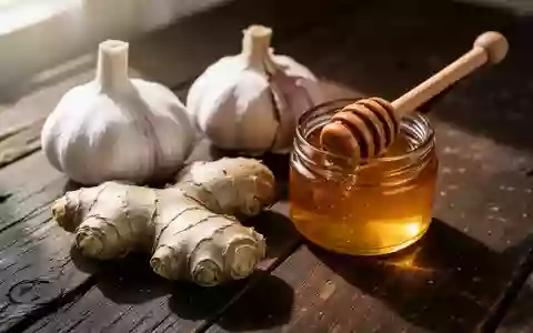 Frischer Knoblauch, ein Stück Ingwerwurzel und ein Honigglas auf einem dunklen Holztisch in natürlichem Licht. - Foto: über boerse-global.de