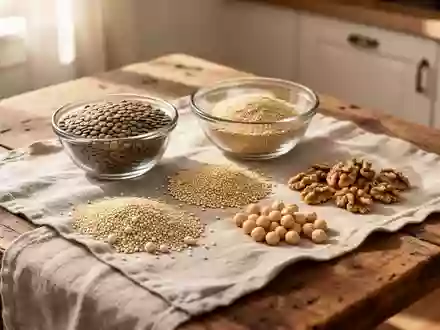 Verschiedene pflanzliche Proteinquellen wie Linsen, Quinoa, Kichererbsen und Nüsse auf einem Holztisch. - Foto: über boerse-global.de